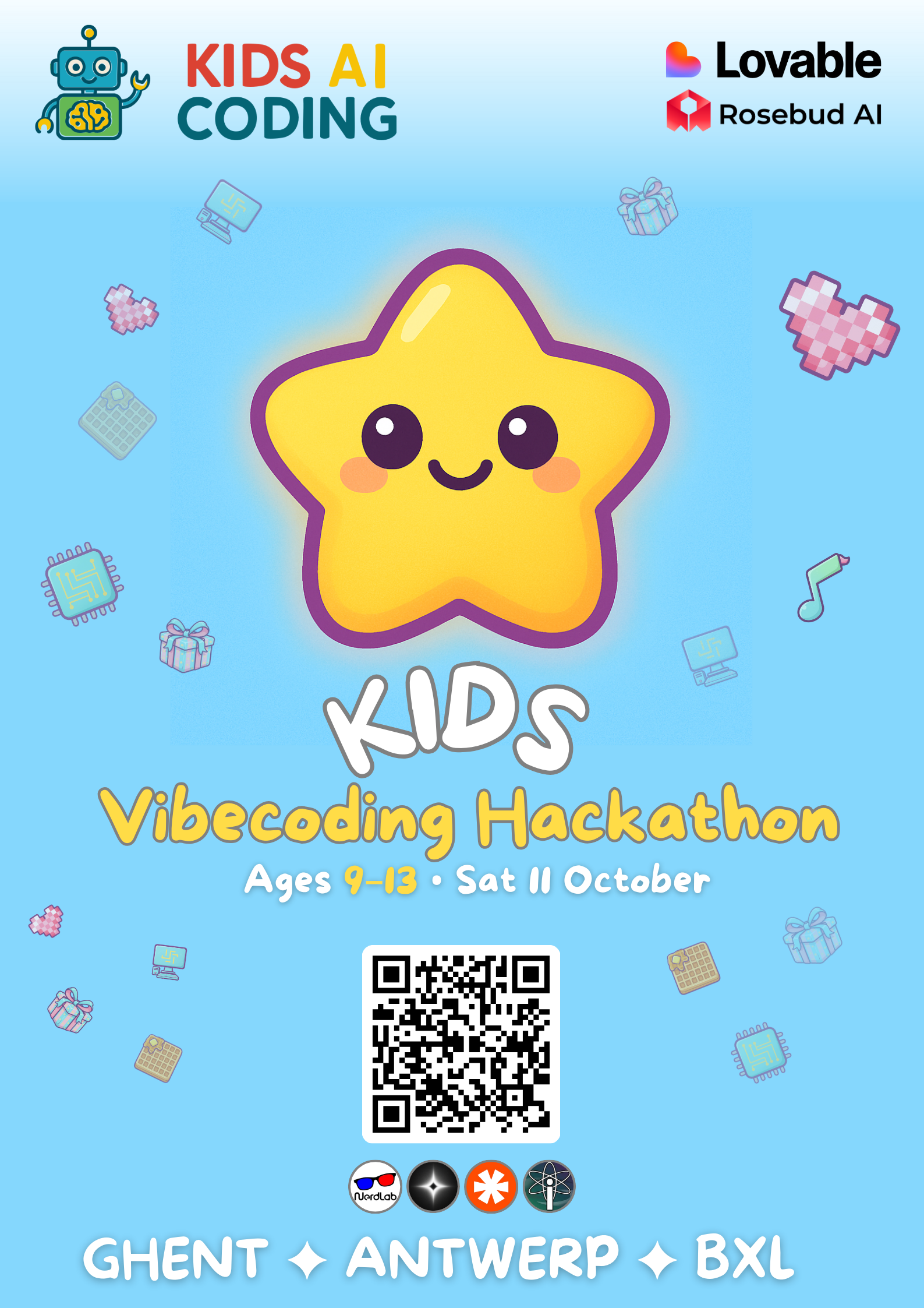 Kids AI Vibecoding Hackathon Poster - Ages 9-13, Saturday 11 October, Ghent, Antwerp, Brussels